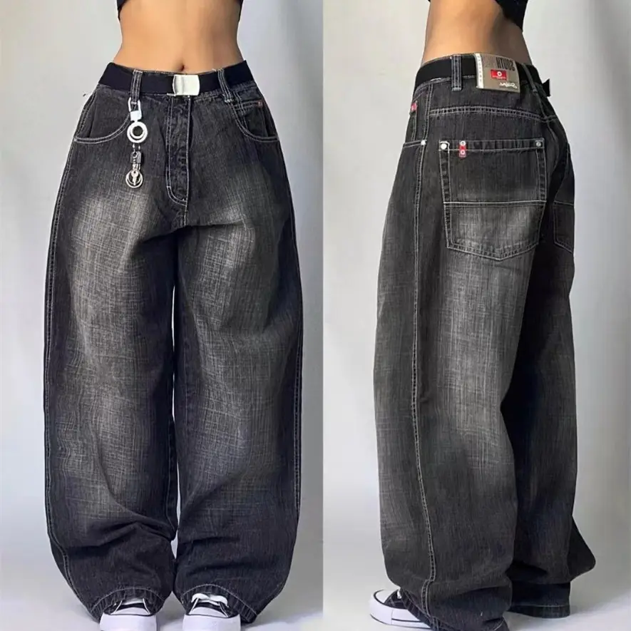 High Waist Retro Distressed Black Gray Wide-leg Jeans