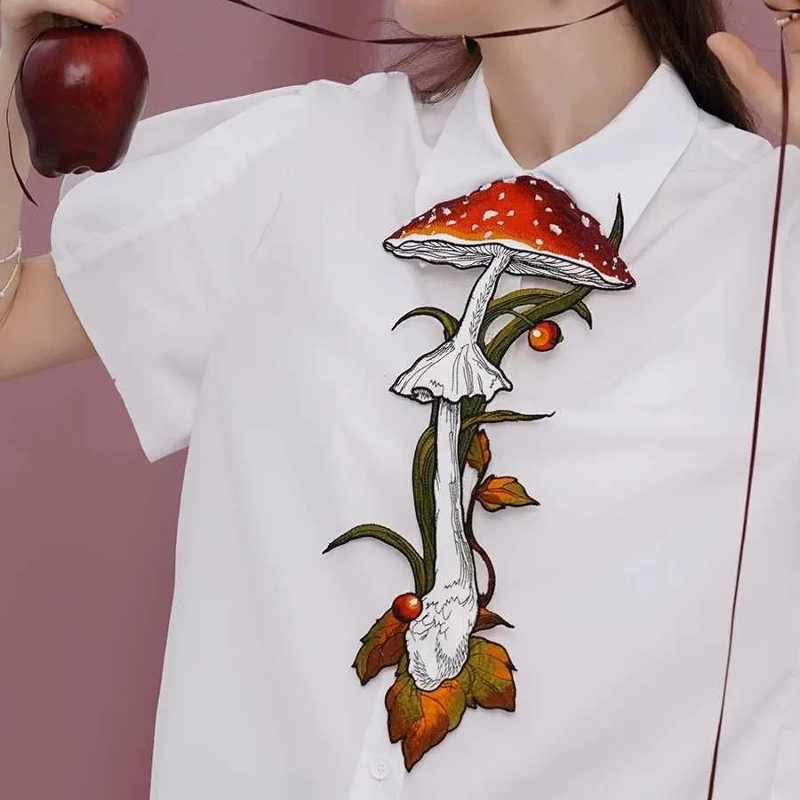 Knotless Machine Embroidery Vintage Mushroom Berry Tie for Women