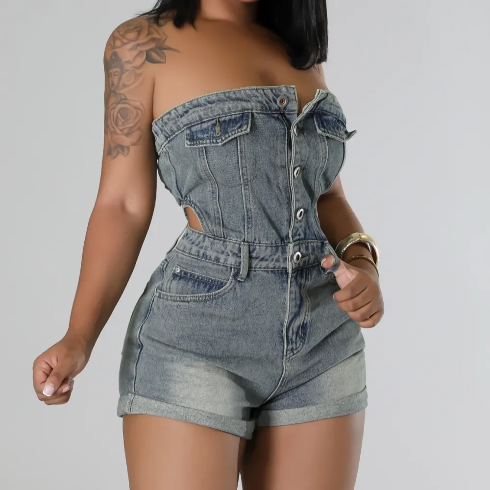 Women's Casual Fashion Tube Top Denim Jumpsuit