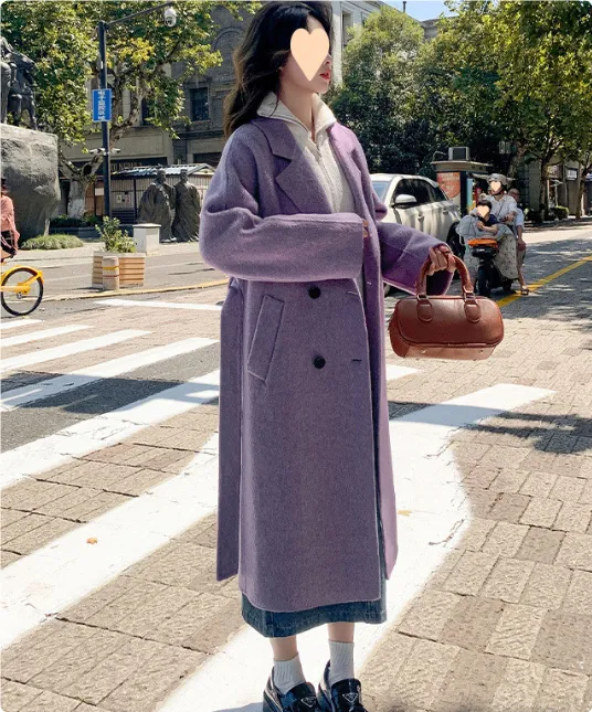 Loose Mid length Lace up Woolen Coat Women Purple - Shop at LoveMi