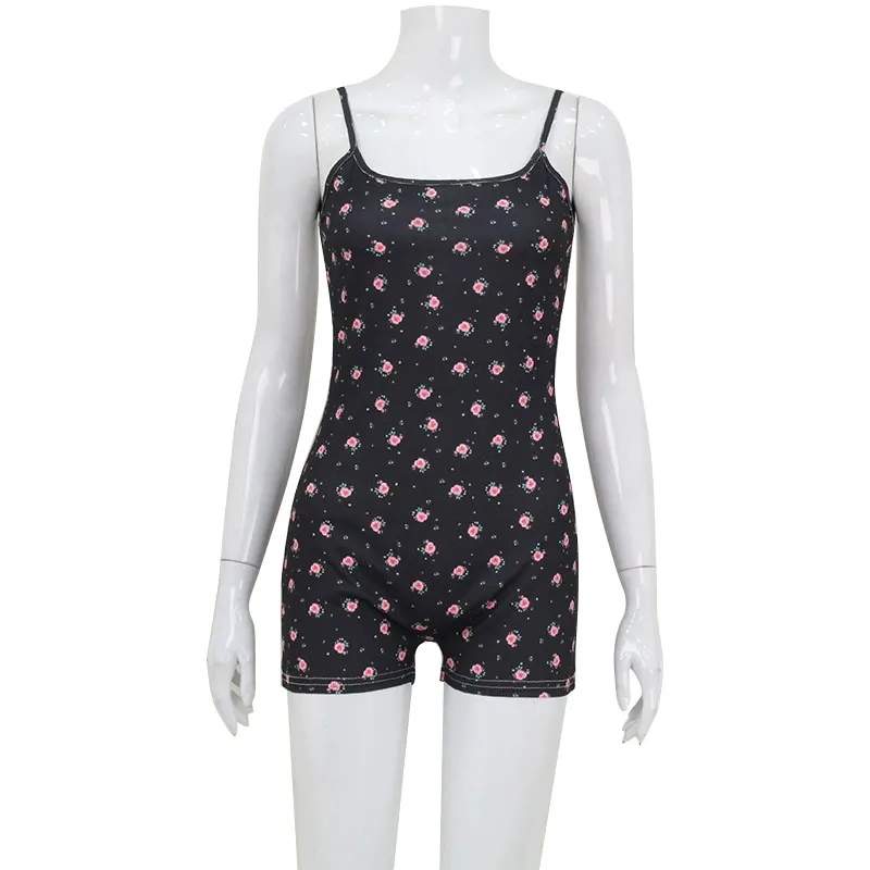 Printed Sling Off-neck Backless Lace-up Outer Wear Shorts - Black