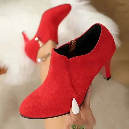 Round Toe Side Zipper Stiletto Heel Deep Mouth Pumps Red - Shop at LoveMi