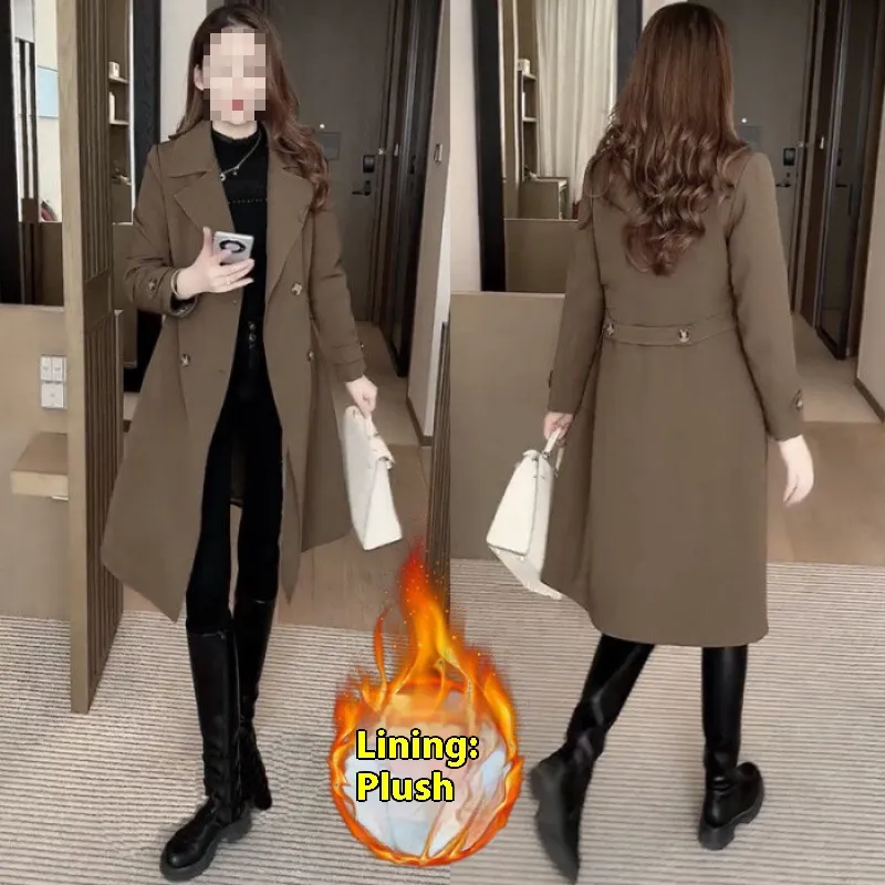 High-grade Fleece Thick Trench Coat Coat Western Style Slimming - Dark Coffee Color