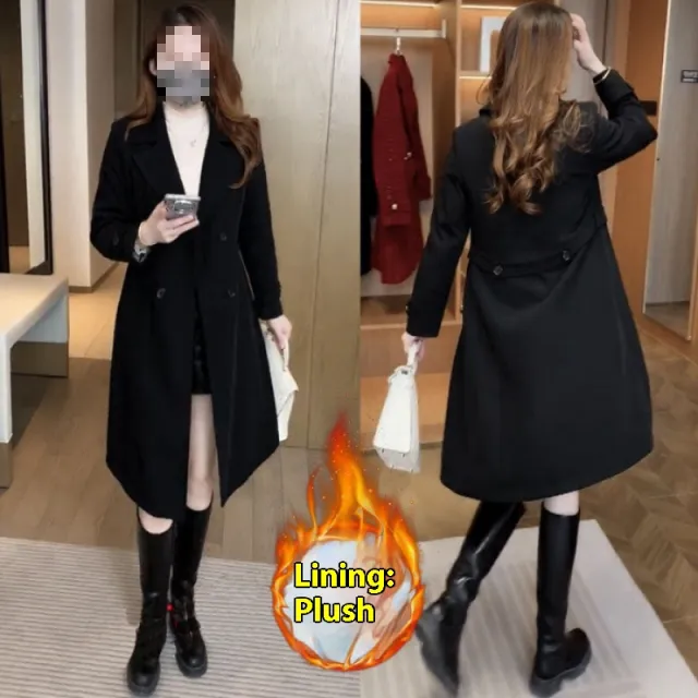 High grade Fleece Thick Trench Coat Coat Western Style Slimming Black - Shop at LoveMi