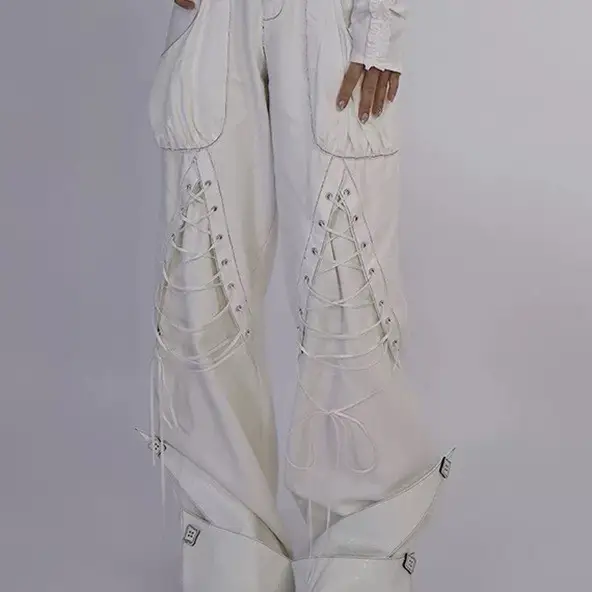 Asian Culture White Heavy Industry Double Waist Head Curling Overalls