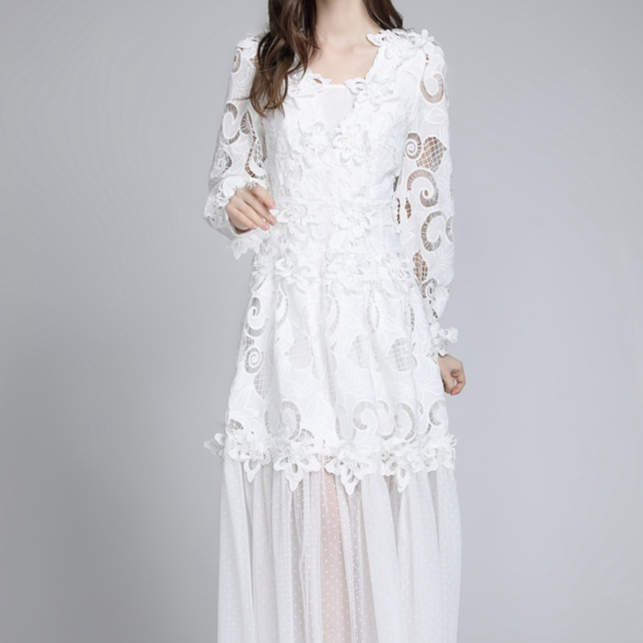 Slim Waist Women's Clothing Embroidered Hollow Dress