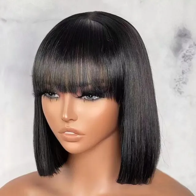 Hair Wig BOb With Bangs Realistic Look Lace Split Top Black Bobhaircut Natural Black - Shop at LoveMi