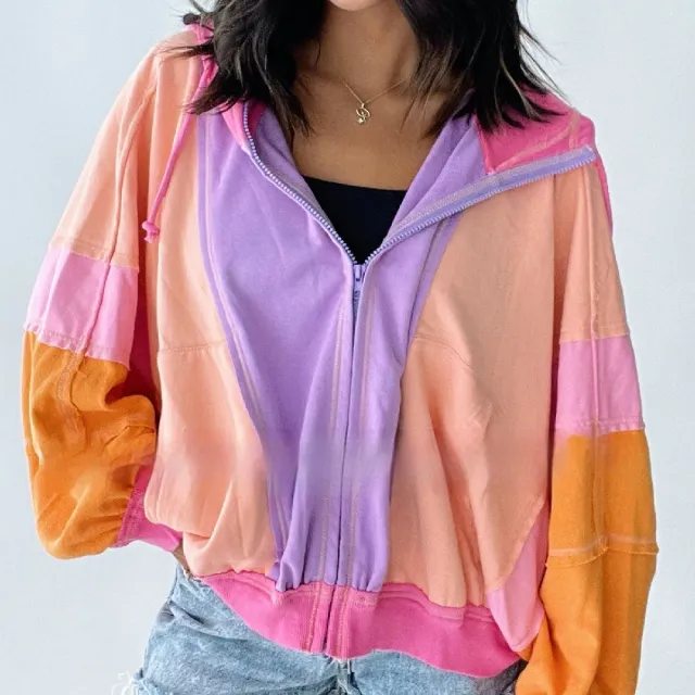Fashion Personality Women's Colorblock Hood Jacket Orange - Shop at LoveMi