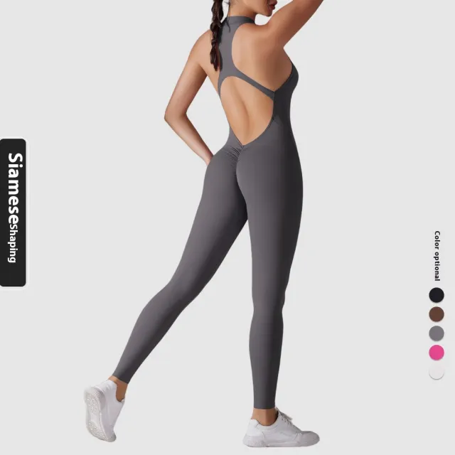 Solid Color Nude Feel High Strength Tight Sports Back Shaping Long Jumpsuit Dark Gray - Shop at LoveMi