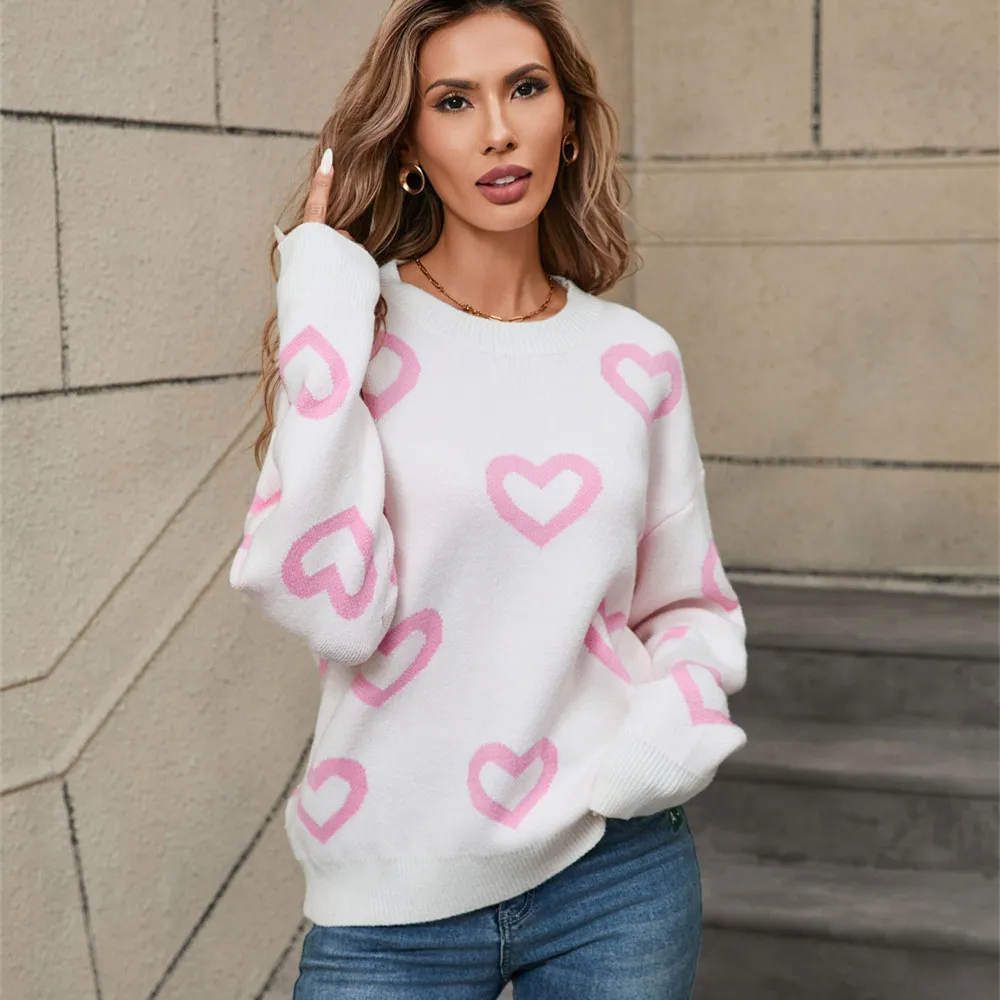 Valentine's Day Round Neck Pullover Plus Size Sweater For Women - White