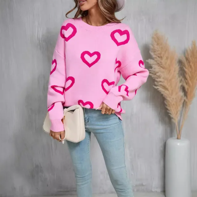 Valentine's Day Round Neck Pullover Plus Size Sweater For Women Pink - Shop at LoveMi