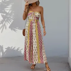 Women's Sleeveless Tube Top Printed Jumpsuit - Yellow - View 1