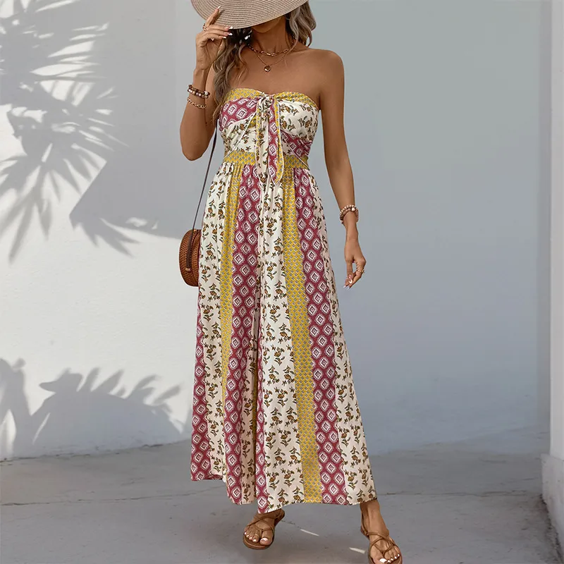 Women's Sleeveless Tube Top Printed Jumpsuit - Yellow