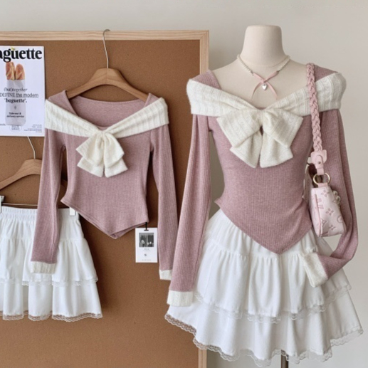 Small Sized Man's Wear A Set Of Fall Slim Fit Slimming Bow Top Female High Waist Tiered Dress