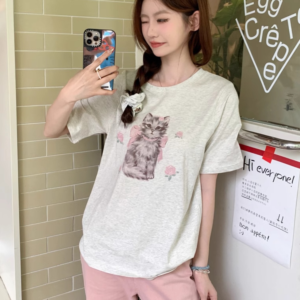 Cat Printing Short-sleeved T-shirt For Women Round Neck Loose Top