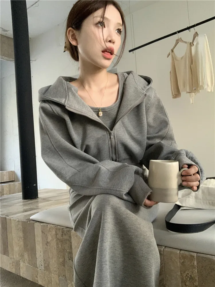 Fashion Retro Melange Gray Casual Women's Hooded Cardigan Coat - Gray