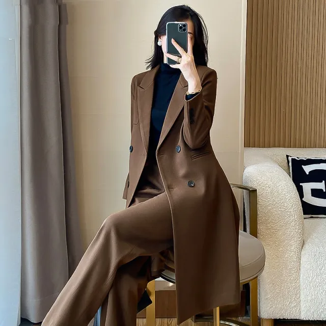 Women's Casual Double breasted Elegant Trench Coat Brown Trousers - Shop at LoveMi