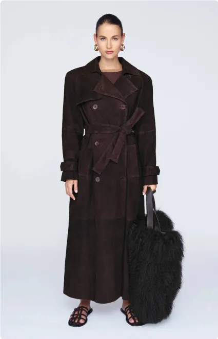 Double Breasted Lapel Shift Coat With Belt Fashion Vintage Suede Long Coat Winter Outwear Women's Clothing Dark Brown - Shop at LoveMi