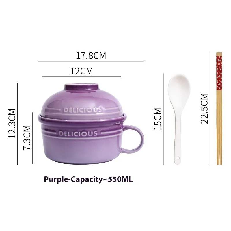 Ceramic With Lid Household Tableware Bowl Chopsticks Suit - Purple