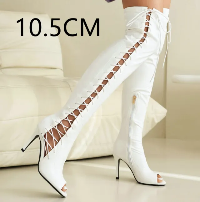 Stretch Thin Patent Leather Female Over the knee Boots White - Shop at LoveMi