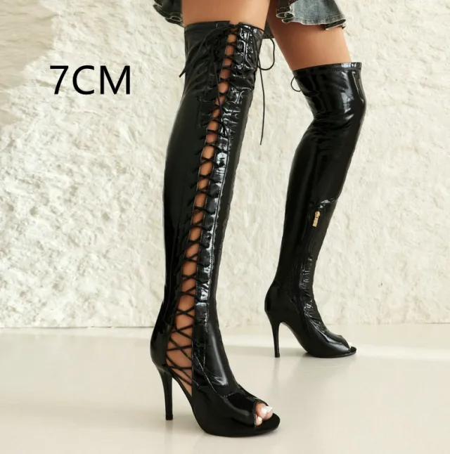 Stretch Thin Patent Leather Female Over the knee Boots Black - Shop at LoveMi