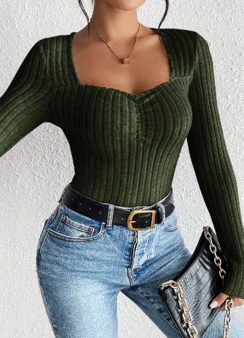 Front Pleated Slim Knit Base T shirt Green - Shop at LoveMi