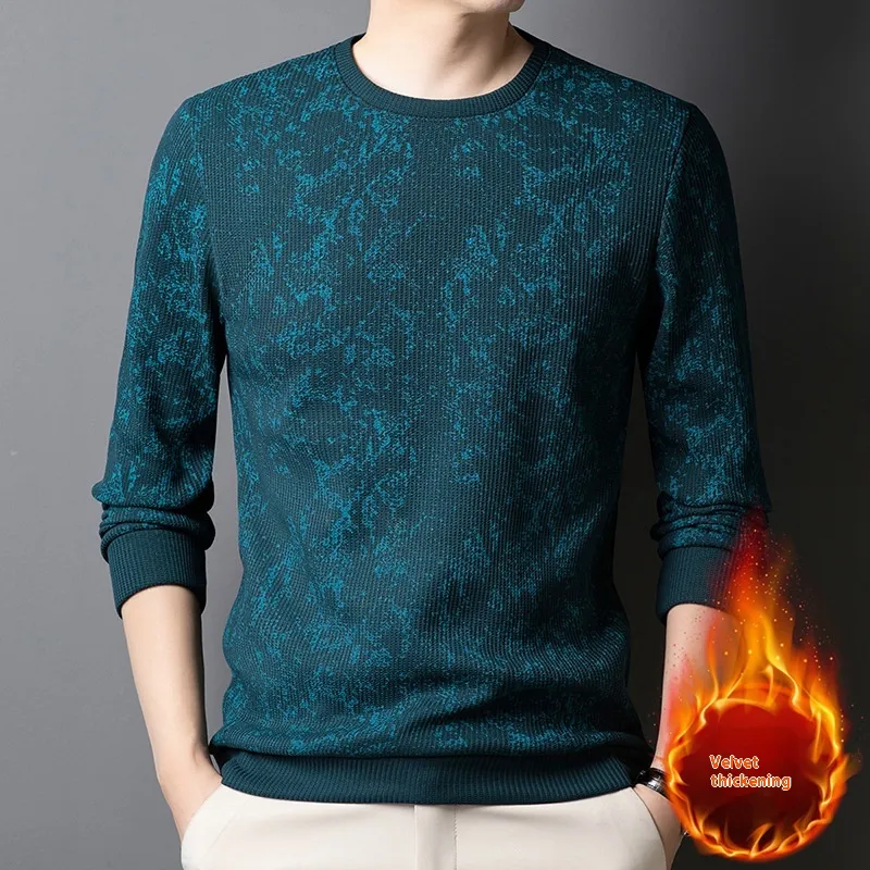 Men's Round Neck Printed Young And Middle-aged Long-sleeved Thickened Warm T-shirt