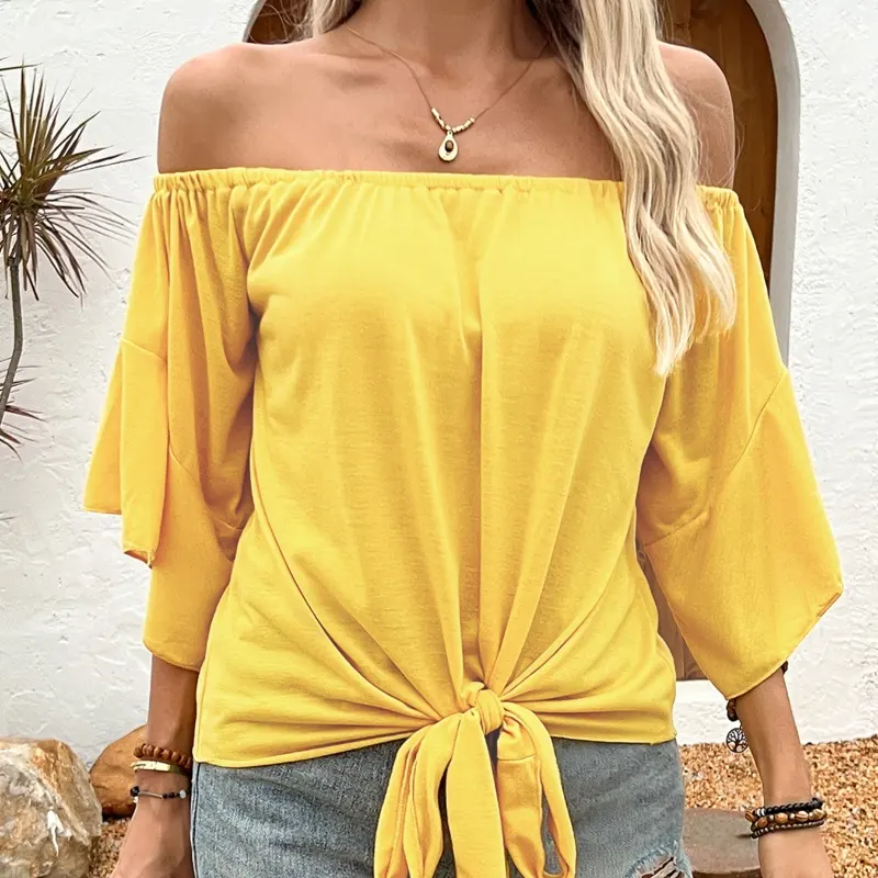 Summer Fall Women's Clothing Solid Color Off-shoulder Casual T-shirt