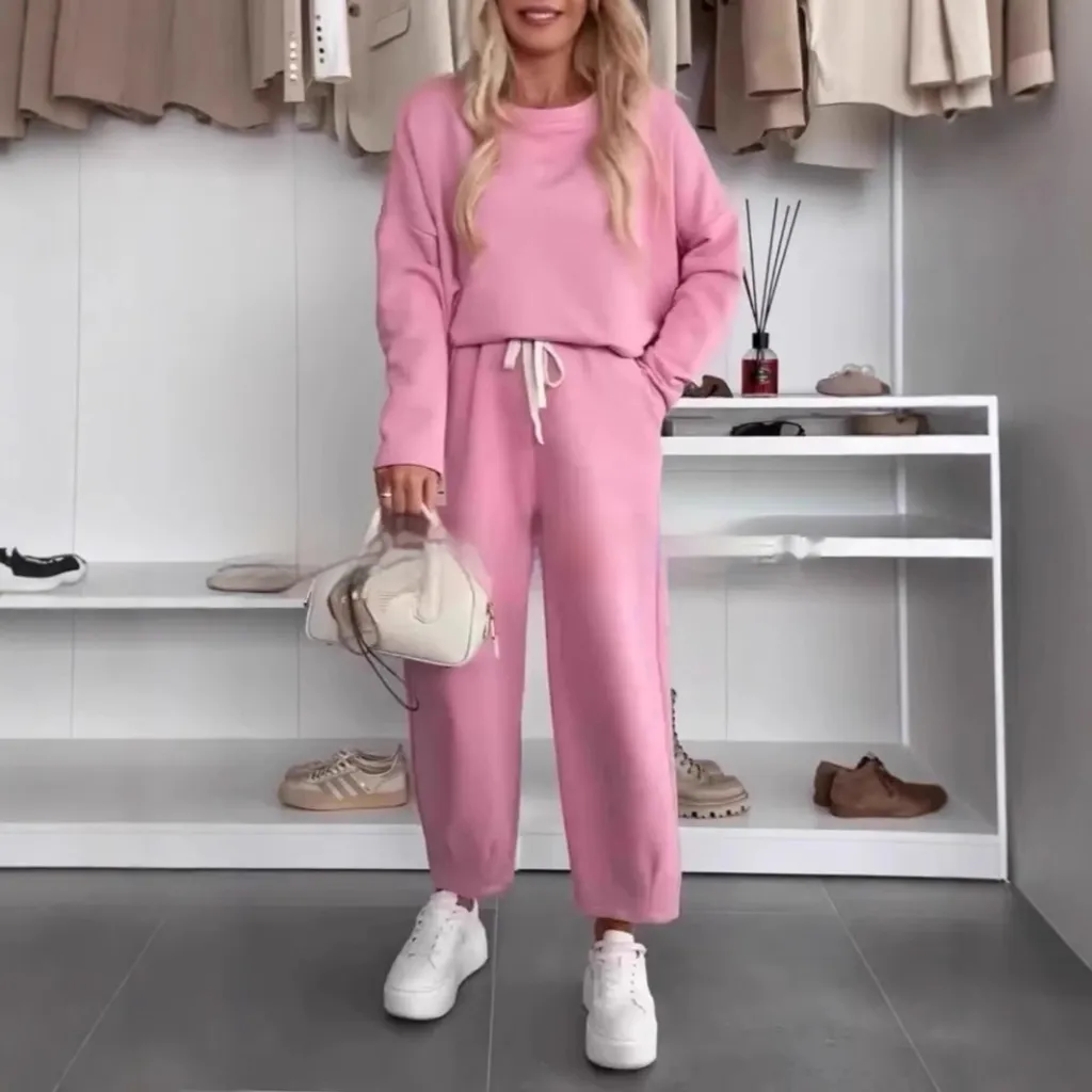 Women's Solid Color Loose-fitting Casual Pullover Trousers Two-piece Set - Pink