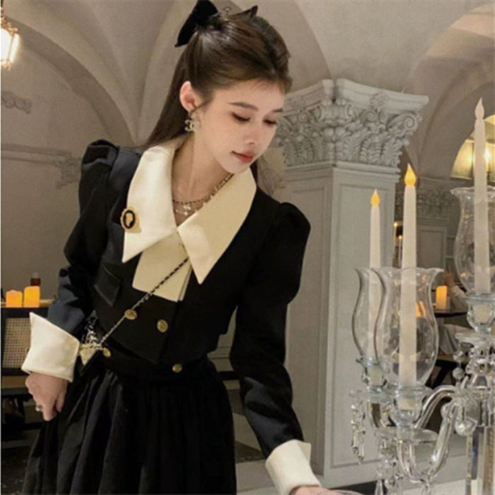 Graceful And Fashionable Color Contrast Patchwork Small Suit Jacket High Waist Skirt