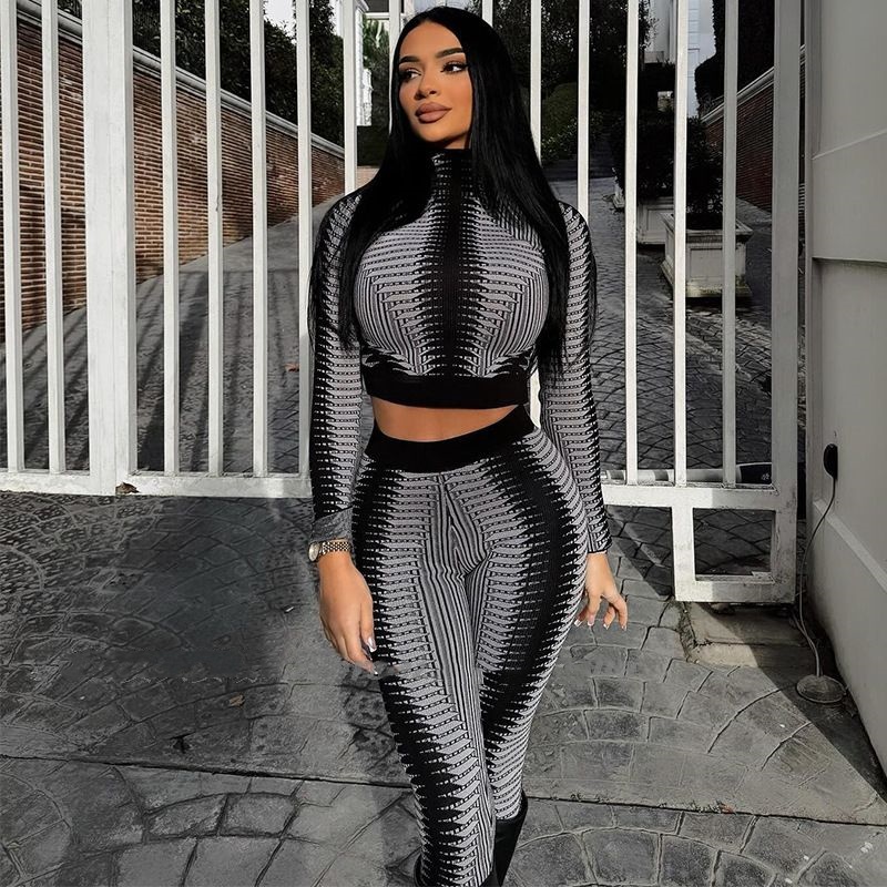 Printed Midriff-baring Long Sleeve Top Skinny Pants Suit