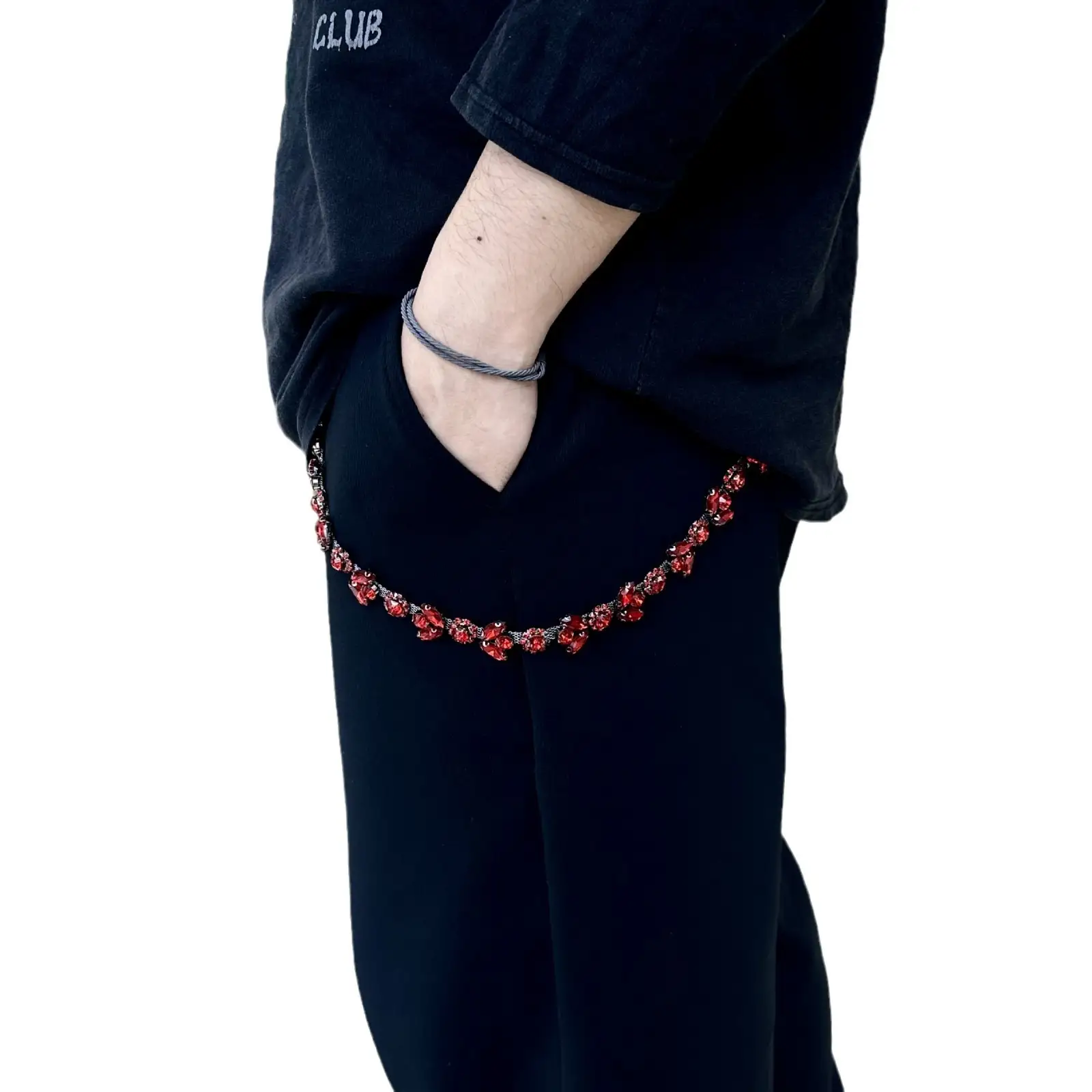 68cm Red Diamond Phants Zipper Fancy Welding Diamond Claw Chain Diy Ornament Men