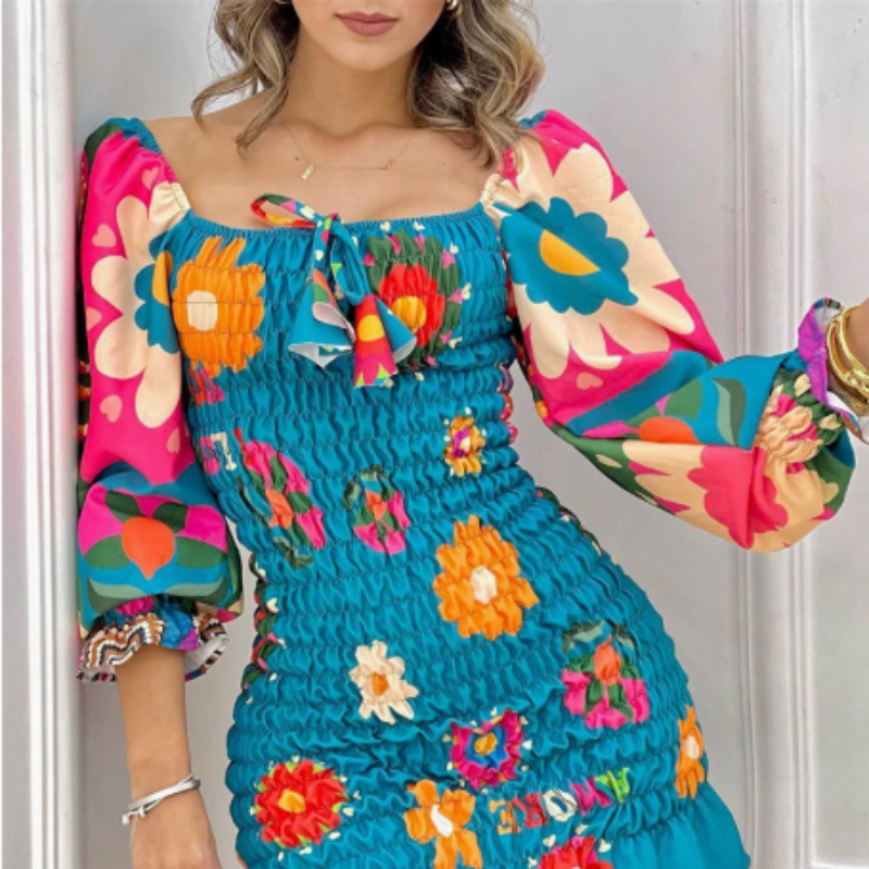 Shoulder Long Sleeve Floral Dress