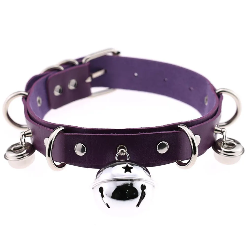Sexy Harajuku Handmade Gothic Choker trend punk Leather Collar belt Necklace with bells club party goth jewelry - Purple
