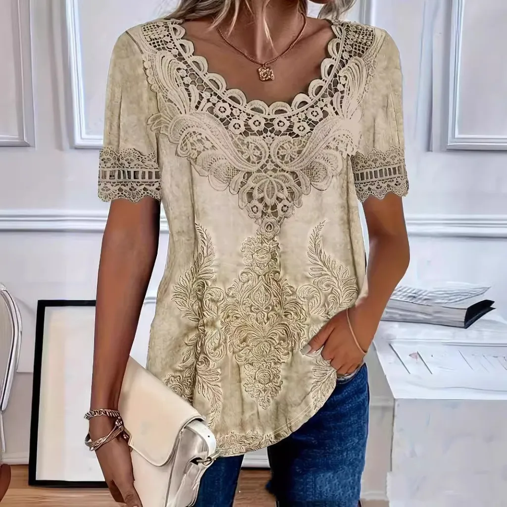 Fashionable Elegant Casual Hollow Lace Women's T-shirt - Hdj003-Xl