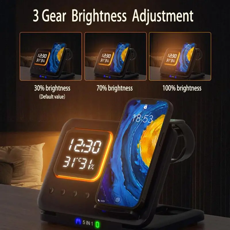 15W Wireless Chargers Stand 5 In1 LED Digital Alarm Clock Fast Charging Dock Station – image 5