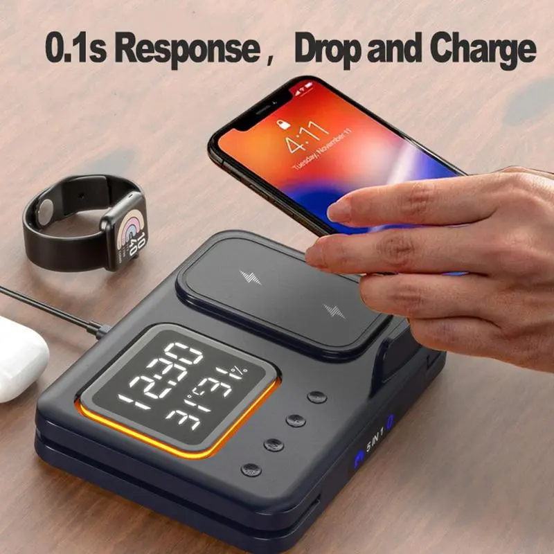 15W Wireless Chargers Stand 5 In1 LED Digital Alarm Clock Fast Charging Dock Station – image 4