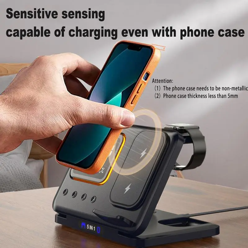 15W Wireless Chargers Stand 5 In1 LED Digital Alarm Clock Fast Charging Dock Station – image 3