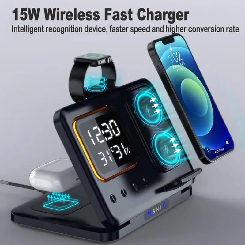 15W Wireless Chargers Stand 5 In1 LED Digital Alarm Clock Fast Charging Dock Station – image 2