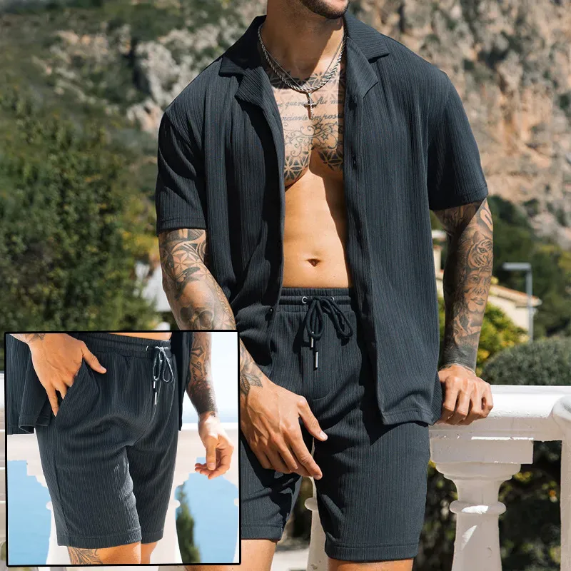 Men's Two Piece Set Short Sleeve Lapel Button Shirts