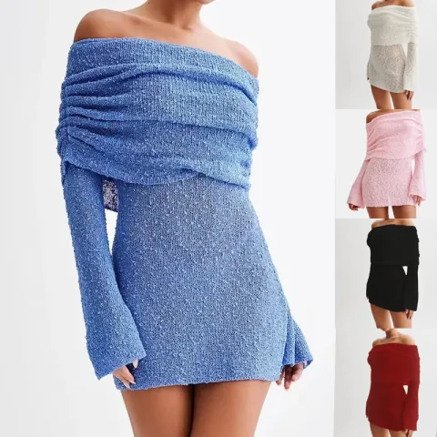 Women's Spring Summer Knitted Dress Elegant Party Boat Neck