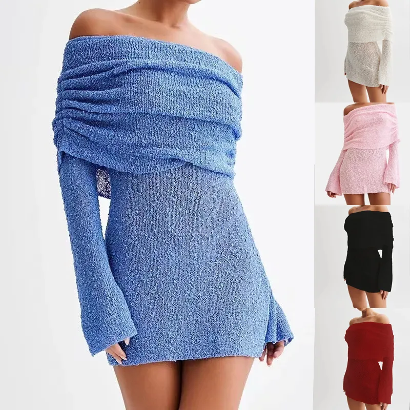 Women's Spring Summer Knitted Dress Elegant Party Boat Neck