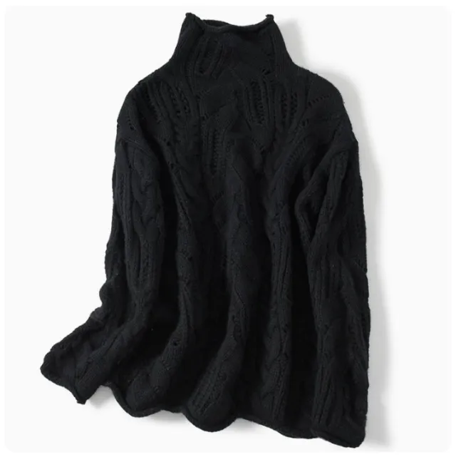 High Neck Thickened Hollow Crochet Loose Knitted Pullover Sweater Black - Shop at LoveMi