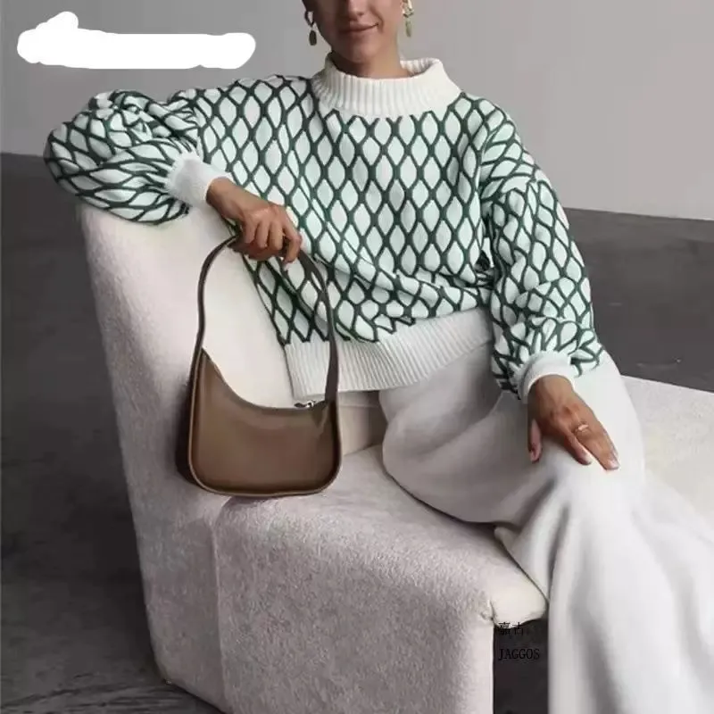 Lantern Sleeve Plaid Loose-fitting Sweater - Green