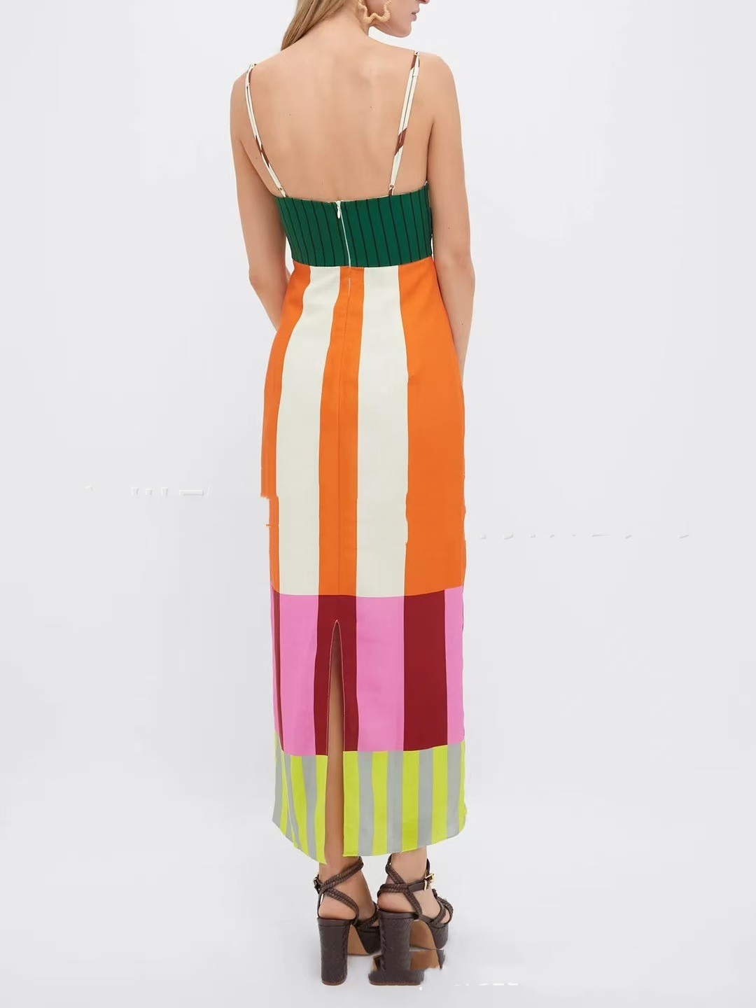 Women's Striped Dress Color Block Skinny Split Suspender Skirt