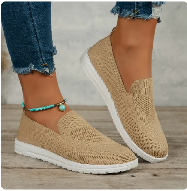 Plus Size Flat Heel Solid Color Flyknit Casual Women's Pumps Camel - Shop at LoveMi