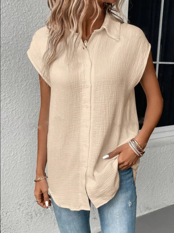 Spring And Summer Women's Solid Color Buttons Casual Short Sleeve Apricot - Shop at LoveMi