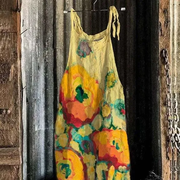 Women's Summer New Cotton Linen Suspender Trousers Printed Suspenders Yj467 - Shop at LoveMi