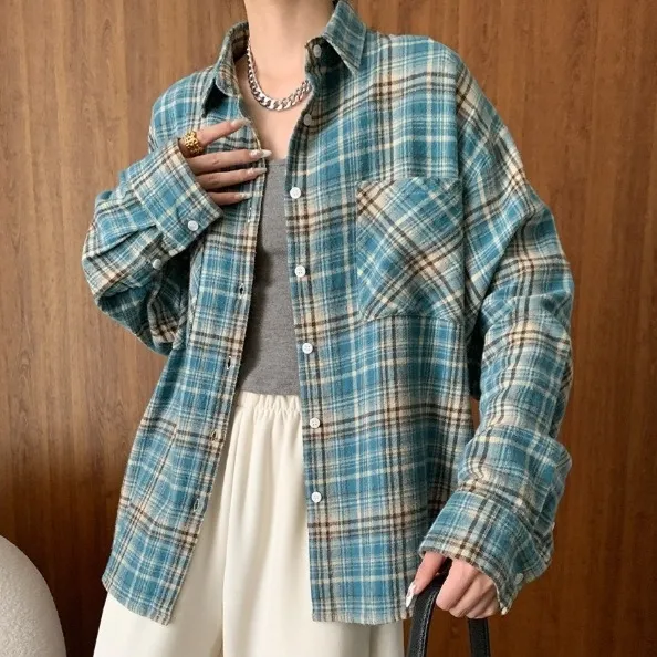 Vintage Washed Brushed Cotton Plaid Long Sleeve Shirt - Blue Plaid