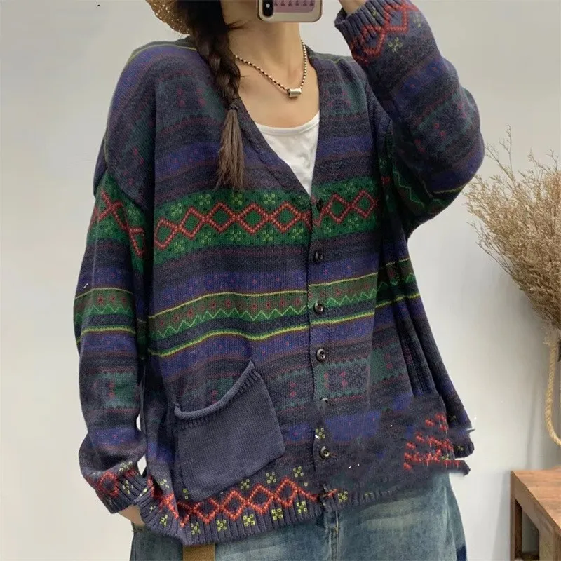 Striped Cotton Printed Pocket V-neck Sweater Cardigan - Blue